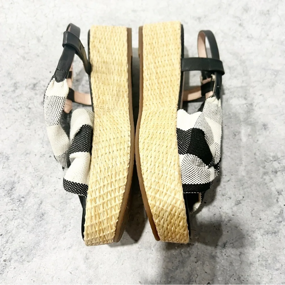 NEW Kate Spade Betsy Gingham Mixed Material Platform Sandal Black / Cream 7.5